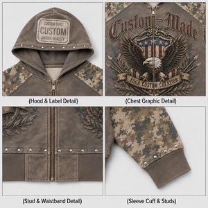 Men Hoodie Fleece <b>Jacket</b> Cotton Polyester Blend Oversized Boxy Drop Shoulder Distressed Embroidery Rhinestone DTG DTF Print - Product Image 4