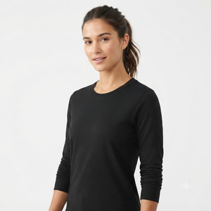 Camiseta de Punto para Mujer, Negra, Manga Tres Cuartos, Cuello Redondo, Casual, Sólida, Corte Regular, Transpirable, para Todas las Temporadas - Product Image 1