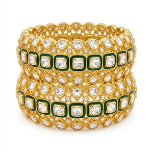 925 Silver 925 Silver Monzo Bangles Green Stone Crystal Designer <b>Kada</b> Set for Women's Everyday Wear Jewelry - Product Image 1