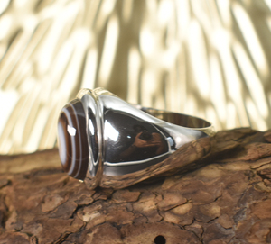 Bague en agate noire rayée naturelle : pierre précieuse ovale, argent sterling 925 - Product Image 2