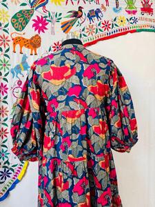 Vestido Babydoll de Algodón con Estampado Floral, Mangas Abullonadas, Estilo Smock, Silueta en A, Cintura Imperio, Mini Vestido Boho - Product Image 1