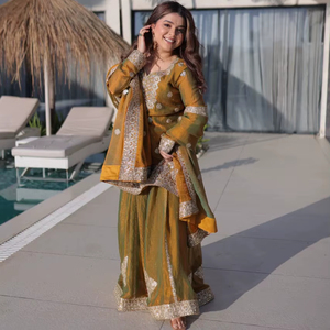 Stylish sharara set for women elegant ethnic wear faux georgette premium fabric embroidery <b>top</b> with matching plazzo and dupatta - Product Image 1