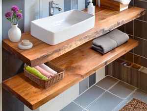 Console de salle de bain murale en bois de style luxueux 2026 avec deux niveaux d'étagères de rangement ouvertes, conçue pour les salles de bain modernes - Product Image 3