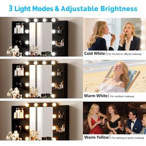 2-Drawer 4-Shelf Black Particleboard Dressing Table Set with Melamine Finish 10 Three-Tone Light Bulbs Included <b>Makeup</b> <b>Vanities</b> - Product Image 4