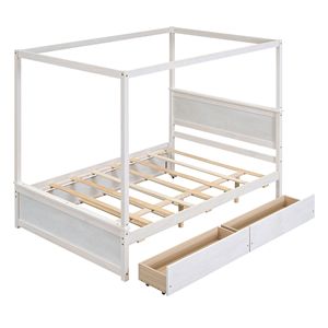 Letto a piattaforma matrimoniale in legno con baldacchino, letto estraibile e due cassetti, supporta doghe - non necessita di rete a molle, elegante finitura spazzolata - Product Image 5