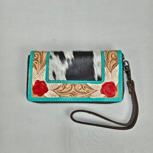 Portefeuille en cuir véritable fait main avec patch en cuir de vachette, gaufrage floral, fermeture éclair, style bohème, portefeuille court pour femme, usage quotidien - Product Image 1
