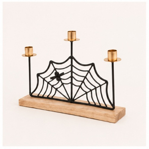 Spider Web Metal Candelabra with Natural Wood Base 3-Arm <b>Candle</b> <b>Holder</b> for Halloween Tabletop Decoration & Home Decor - Product Image 5