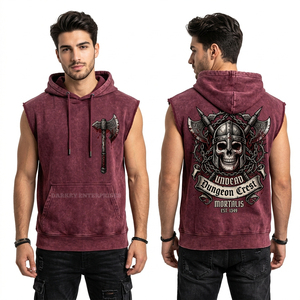 Sudadera con capucha sin mangas personalizada de peso pesado para hombre, color burdeos con lavado ácido, estilo urbano, gráfico de calavera y hacha, tipo jersey, para gimnasio, proveedor - Product Image 1