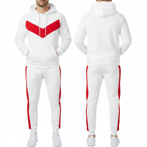 OEM Winter <b>White</b> & Bright Red Solid Mens <b>Tracksuit</b> Set V-Shape Color Block Hoodie Matching Trouser - Product Image 1