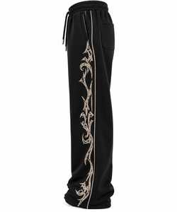 Pantalon de survêtement pour homme noir brodé, 100% coton molletonné, taille élastique avec cordon de serrage, coupe décontractée à jambe large, idéal pour l'hiver - Product Image 2