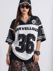 Fabricante de Ropa Personalizada, Jersey de Fútbol Americano Blanco y Negro, Estilo Urbano, para Mujer, Talla Grande, Cuello en V, Malla, con Número Gráfico - Product Image 3