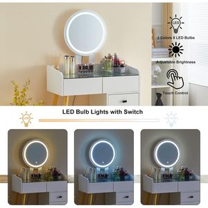 LED Lights Glass Top Dressing <b>Table</b> with Extendable <b>Side</b> <b>Table</b> and 5 Drawers Makeup Vanities with <b>Mirror</b> Storage - Product Image 6