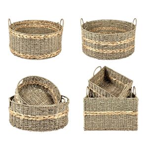 SWIRLED BELT Seagrass & Hyacinth Eco-Friendly Multifunction Storage <b>Baskets</b> Set Round Rectangle Handles <b>Stackable</b> Rustic Design - Product Image 1