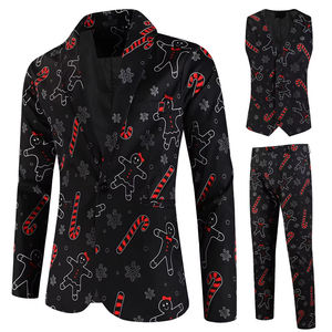 Traje de Navidad de 3 piezas para hombre al por mayor: chaqueta, chaleco y pantalón. Conjunto de blazer estampado de un solo botón para novio de boda. - Product Image 1