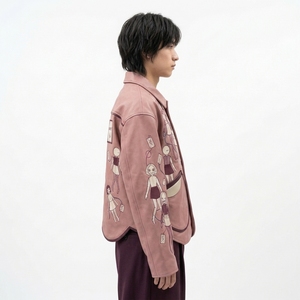 Dusty <b>Pink</b> Cute Doll Envelope Embroidery Lapel Collar Mens Casual Canvas <b>Jacket</b> Scalloped Hem Workwear Outerwear - Product Image 3