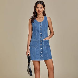 Robe en jean extensible décontractée pour femme, été 2025, silhouette droite sexy, délavage foncé, courte, sans manches, avec poche plaquée - Product Image 6