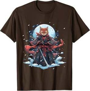 Men's Brown O-Neck Short Sleeve T-Shirt Regular Fit 100% Cotton Jersey Casual Wear With Fox Samurai Character Print Front - Product Image 1