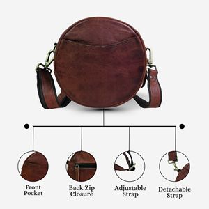 Women’s Genuine Leather Circular Crossbody <b>Bag</b> – Small Round Shoulder Purse, Adjustable <b>Strap</b>, Brown - Product Image 4