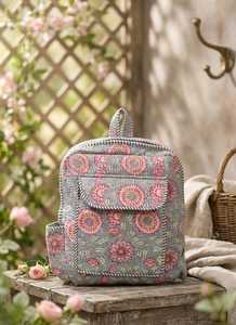 Floral <b>Quilted</b> Bohemian Cotton Backpack Lightweight <b>Single</b> Strap Unisex Travel School Bag with Zipper Closure - Product Image 2