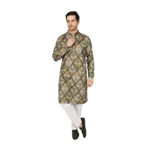 Men's Ethnic Kurta Pajama Set-Brown Traditional Printed Embroidered <b>Dola</b> Silk with <b>Dola</b> Silk Embroidery - Product Image 1