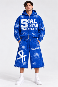 Ensemble 2 pièces pour homme : sweat à capuche graphique bleu et short ample – Survêtement streetwear oversize avec logo personnalisé – Tenue décontractée hip-hop - Product Image 3