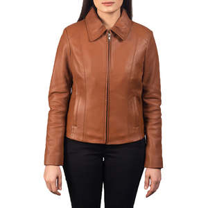 Veste en cuir véritable pour femme, couleur tan, col classique, coupe ajustée, fermeture éclair sur le devant, imperméable, automne-hiver, qualité supérieure - Product Image 4