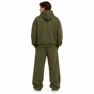Conjuntos de Ropa Urbana Unisex Verde Oliva: Sudaderas Extra Grandes con Logotipo 3D en Relieve Personalizado y Pantalones Deportivos Anchos de Algodón Grueso - Product Image 3