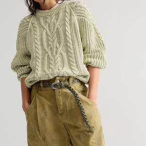 Custom Hand Knitted Women's Cable Knit Pullover Sweater Crew Neck Puff Sleeve Half Sleeve Solid Color Casual Autumn 100% Acrylic - Product Image 1