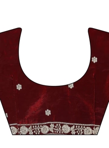 Sari de soirée traditionnel en satin de soie brodé KV Maroon, avec chemisier non cousu, sans plis - Product Image 3