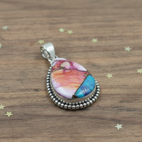 Pendentif en argent 925 fait main, perles et filigrane, incrustation de pierres précieuses en forme de poire, motifs rose, bleu, huître, cuivre, turquoise, cadeau bijou, style bohème chic
