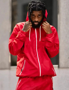 Red Men's Hooded Tracksuit Set Lightweight Polyester Sporty Style Zipper Closure Side Pockets Summer Wear Men Windbreaker Sets - Product Image 4