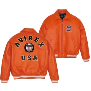 Veste bomber varsity en cuir d'agneau véritable orange HUNAR INDUSTRIES, unisexe, vente en gros |   Patch de protection américain imperméable à l'eau pour l'avant - Product Image 1
