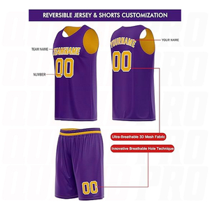 Ensemble de maillots de basket-ball réversibles personnalisés, imprimés, respirants, violet et jaune, uniformes d'entraînement - Product Image 3