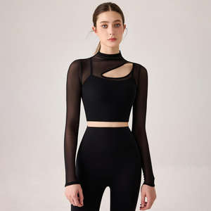 เสื้อโยคะแขนยาวแบบไหล่เฉียง ดีไซน์โปร่ง ระบายอากาศ แห้งเร็ว เป็นมิตรกับสิ่งแวดล้อม เซ็กซี่ ผ้าตาข่าย เหมาะสำหรับออกกำลังกาย เต้น และเล่นกีฬา - Product Image 2