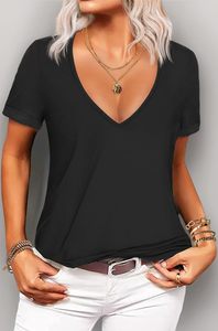 Camiseta Holgada de Algodón con Cuello en V para Mujer, Manga Corta, Tejido Liso Teñido, Cómoda, Informal, Deportiva, para Verano - Product Image 3