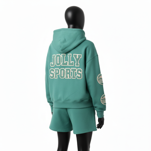 ชุดเซ็ตฮู้ดดี้และกางเกงขาสั้นสำหรับผู้หญิง ผ้าฝ้ายผสมโพลีเอสเตอร์เนื้อฟลีซ ประดับโลโก้ด้วยคริสตัลแบบ Hotfix ฮู้ดดี้ผ้าฝ้าย 100% และกางเกงขาสั้น - Product Image 3