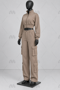 Conjunto Deportivo Casual de Otoño para Mujer, Pantalones Cargo con Cierre Completo y Cuello Alto, 100% Algodón, Transpirable, Corte Holgado, Ligero, con Bolsillos Laterales - Product Image 2