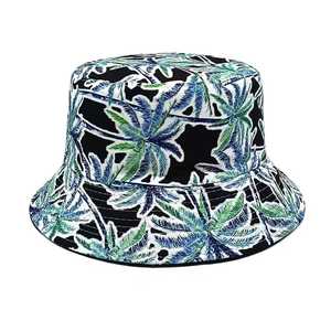 Unisex Tropical Palm Print Bucket <b>Hat</b> Pink <b>Black</b> Polyester Cotton Summer Beach Casual Adult 56-58CM - Product Image 4