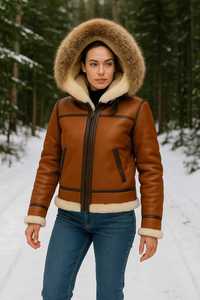 Custom Men’s B3 <b>Bomber</b> <b>Jacket</b> Brown <b>Shearling</b> Sheepskin Leather <b>Jacket</b> with Real Fox Fur Hood – Winter Warm Aviator Flight Coat - Product Image 5