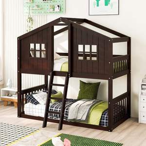 Espresso Solid <b>Wood</b> Twin-Over-Twin Bunk Bed Frame with <b>Ladder</b>, Roof & Safety Guardrails for Apartment, Hotel & Villa - Product Image 2