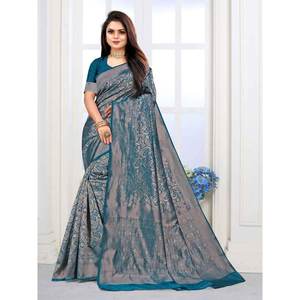 DISEÑADOR BANARASI SEDA JACQUARD TRABAJO SAREE CON BLUSA DESCOSADA RAMA - Product Image 1