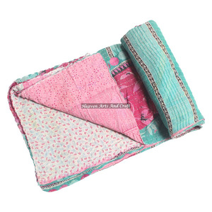 Indian Kantha Throw Indian Reversible Hand Stitched Heavy Throw Old Sari Blanket Patch Work Heavy 3 To 5 Layers Kantha <b>Quilt</b> - Product Image 1