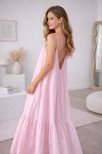 Robe longue rose à fines bretelles, coupe ample, ourlet à volants, en coton, décontractée, pour l'été - Product Image 4