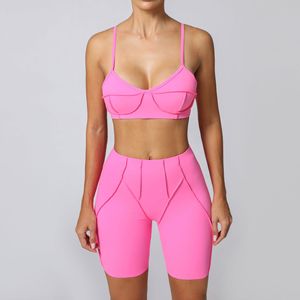 Ensemble de sport deux pièces uni pour femme, haut court à fines bretelles et short taille haute, tenue de yoga sans couture extensible dans les quatre sens - Product Image 3