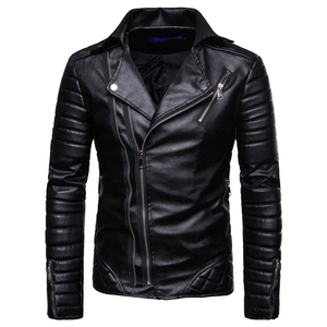 Blouson moto en cuir véritable pour homme, col montant, fermeture éclair, coupe ajustée, longueur standard, couleur unie, pour l'automne, imperméable - Product Image 4
