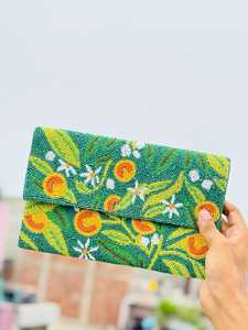 Handmade Cotton Embroidered Rectangular <b>Purse</b> With Floral Pattern And <b>Green</b> Background - Product Image 5
