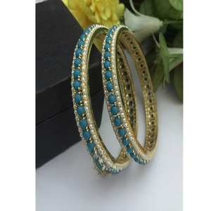 Trendy Gold Plated <b>Bangle</b> Bracelets <b>Set</b> With Turquoise And Pearl Look Classic Style For Women Party Jewelry - Product Image 1