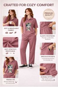 Women's 2-Piece Casual Pajama Set With Character Print Loose Fit Knitted Cotton Tops And <b>Pants</b> Full Length Turn-Down Collar - Product Image 2