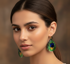 Boucles d'oreilles pendantes en laiton faites à la main, motif plume bleue turque, style bohème pour soirée, avec revêtement PU résistant au ternissement, pour femme - Product Image 2
