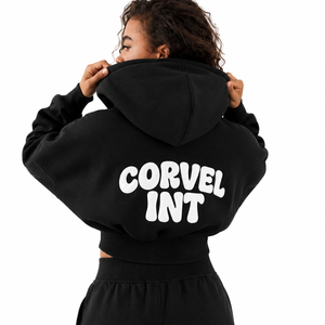 Wholesale Black Cropped <b>Full</b> <b>Zip</b> <b>Hoodie</b> Tracksuit Custom 3D Puff Print Ribbed Hem Heavyweight Cotton Sweatpants Autumn Set Bulk - Product Image 2
